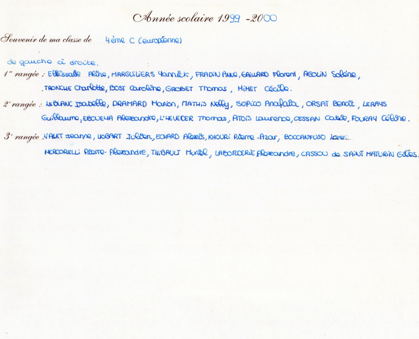 Fromentin - Année 1999-00 : 4e européenne (noms au verso) [Source : Isabelle Le Blanc]